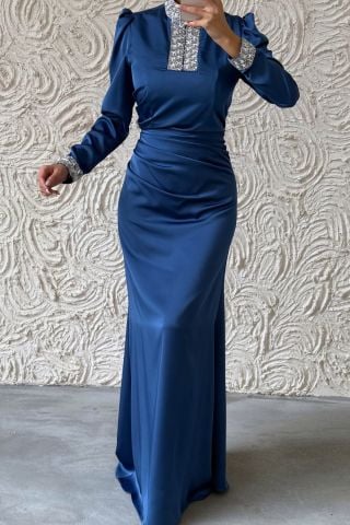 Jeweled Elegance: Satin Hijab Evening Dress with Sleeves and Stone Collar, Indigo