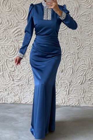 Jeweled Elegance: Satin Hijab Evening Dress with Sleeves and Stone Collar, Indigo