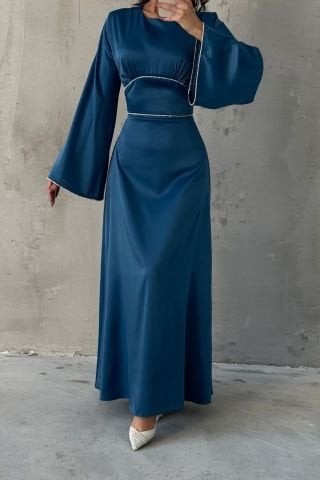 Pearl Stone Detailed Sleeves and Waist Flounce Sleeve Satin Hijab Evening Dress Indigo