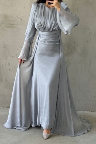 Drape Ve Pelerin Detaylı Janjan Tesettür Abiye Gri