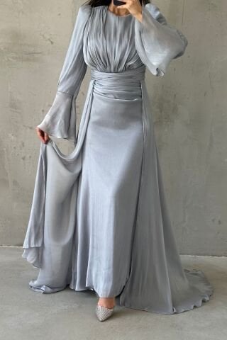 Drape Ve Pelerin Detaylı Janjan Tesettür Abiye Gri