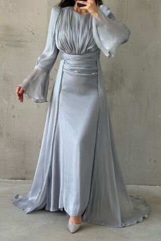 Drape Ve Pelerin Detaylı Janjan Tesettür Abiye Gri