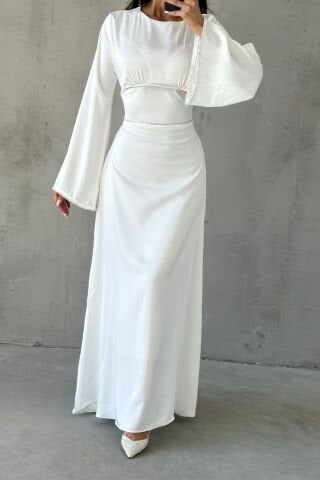 Kolları ve Beli İnci Taş Detaylı  Volan Kol Saten Tesettür Abiye Ekru