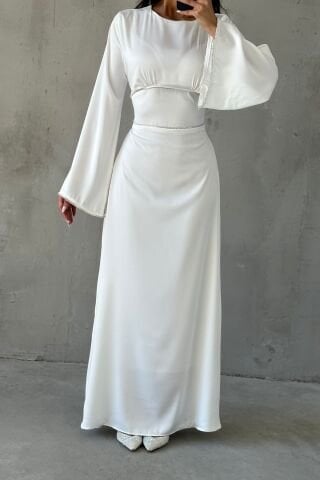 Kolları ve Beli İnci Taş Detaylı  Volan Kol Saten Tesettür Abiye Ekru