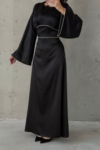 Kolları ve Beli İnci Taş Detaylı  Volan Kol Saten Tesettür Abiye Siyah
