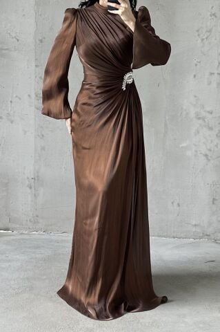 Flounce Sleeve Draped Janjan Hijab Evening Dress Brown