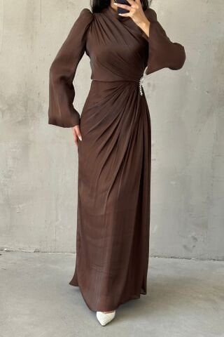 Volan Kol Drapeli Janjan Tesettür Abiye Kahverengi