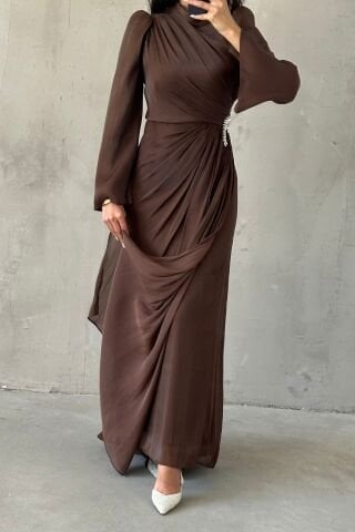 Volan Kol Drapeli Janjan Tesettür Abiye Kahverengi