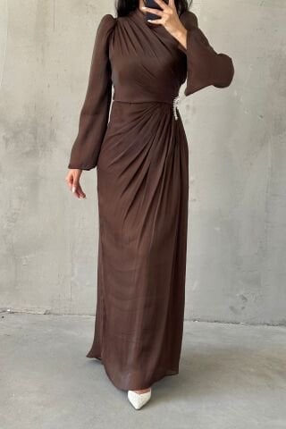 Volan Kol Drapeli Janjan Tesettür Abiye Kahverengi