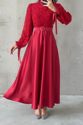 Embroidered Top Detail Belted Satin Hijab Evening Dress Red