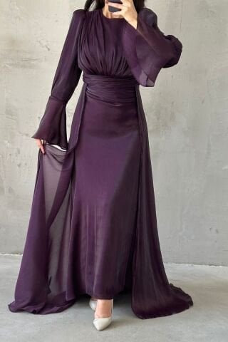 Drape Ve Pelerin Detaylı Janjan Tesettür Abiye Mor