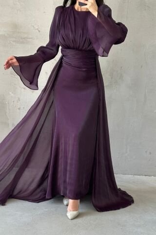 Drape Ve Pelerin Detaylı Janjan Tesettür Abiye Mor