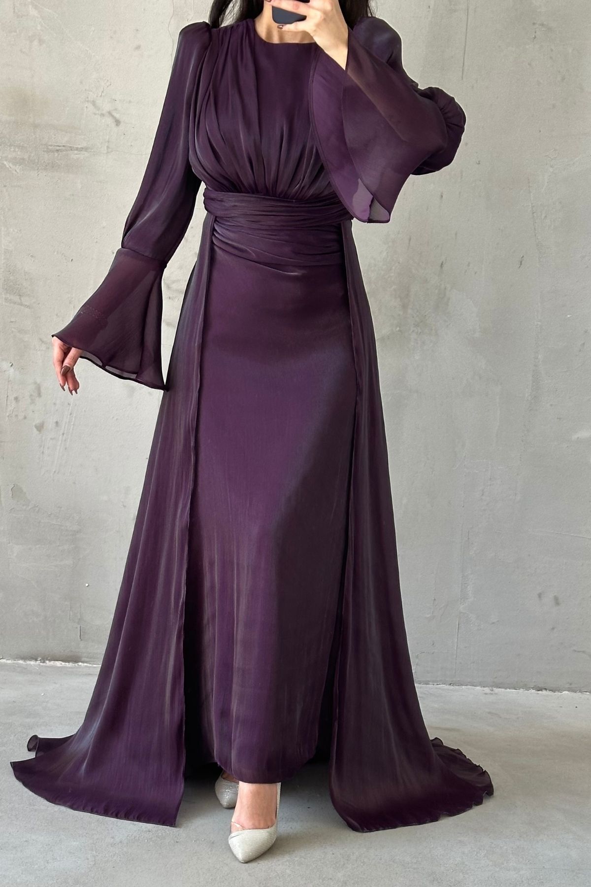 Drape Ve Pelerin Detaylı Janjan Tesettür Abiye Mor