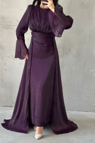 Drape Ve Pelerin Detaylı Janjan Tesettür Abiye Mor