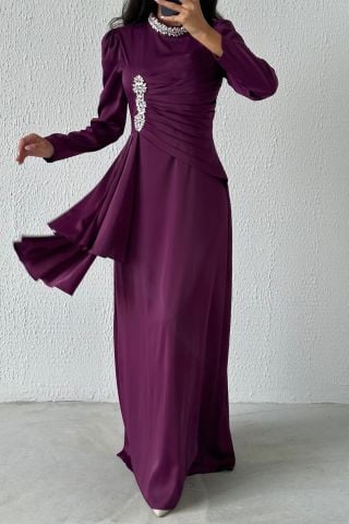 Unique Detailed Flowing Satin Fabric Hijab Purple