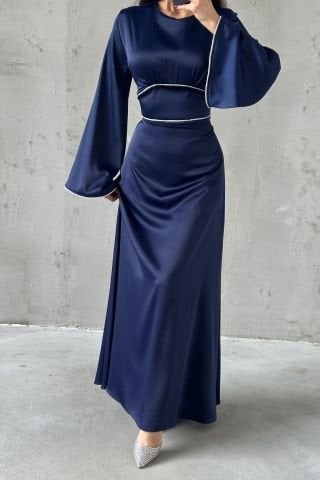 Kolları ve Beli İnci Taş Detaylı  Volan Kol Saten Tesettür Abiye Lacivert