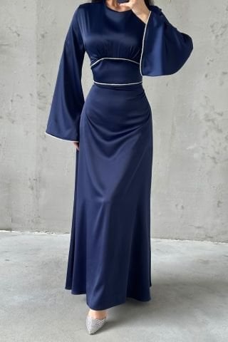 Flounce Sleeve Satin Hijab Evening Dress with Pearl Stone Detail on Sleeves and Waist Navy Blue