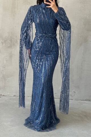 Sparkly Embroidered Long Sleeve Hijab Evening Dress Indigo