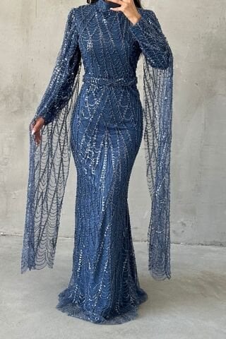 Işıltılı İşlemeli Uzun Kollu Tesettür Abiye İndigo