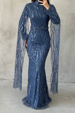 Işıltılı İşlemeli Uzun Kollu Tesettür Abiye İndigo