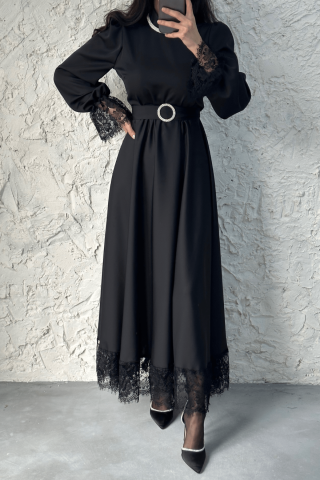Black Hijab Evening Dress with Lace Sleeves and Hem