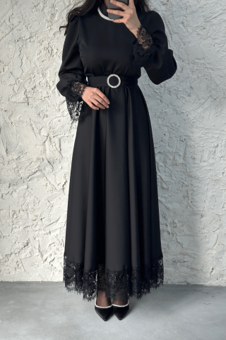 Black Hijab Evening Dress with Lace Sleeves and Hem