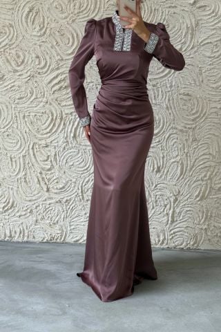 Jeweled Elegance: Satin Hijab Evening Dress Mink with Sleeves and Stone Collar