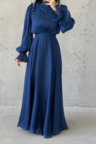 Zarif Kol Detaylı Janjan Tesettür Abiye Lacivert