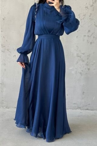 Zarif Kol Detaylı Janjan Tesettür Abiye Lacivert