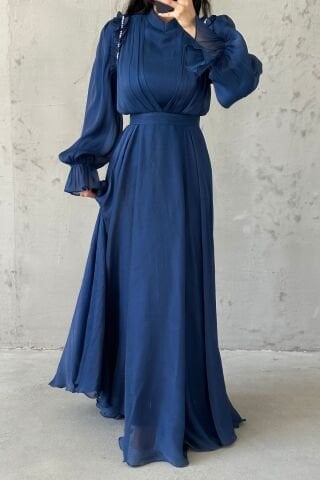 Zarif Kol Detaylı Janjan Tesettür Abiye Lacivert