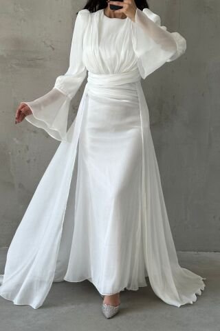 Drape Ve Pelerin Detaylı Janjan Tesettür Abiye Beyaz