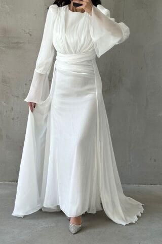 Drape and Cape Detailed Janjan Hijab Evening Dress White