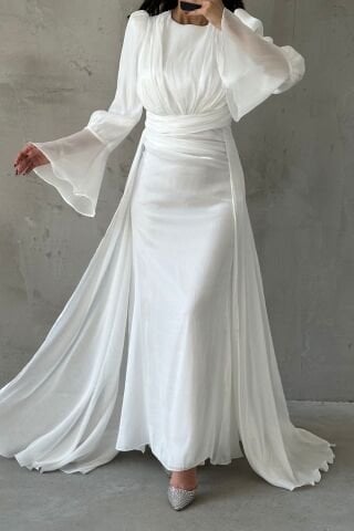 Drape and Cape Detailed Janjan Hijab Evening Dress White