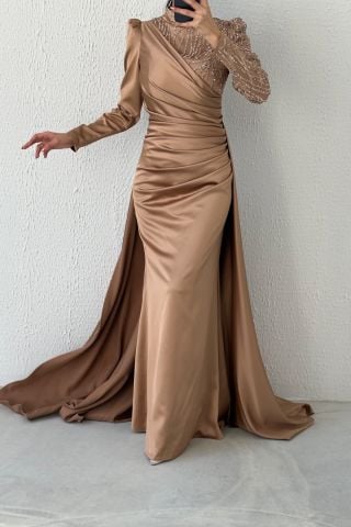 Belden Büzgülü Pelerin Model Saten Tesettür Abiye Bakır