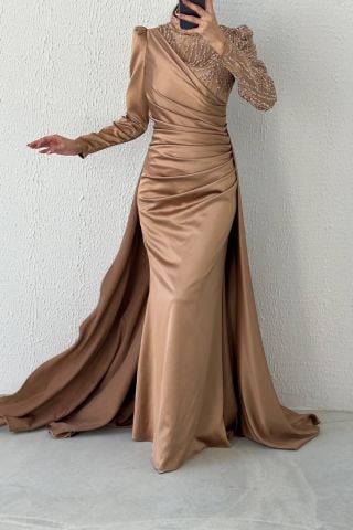 Belden Büzgülü Pelerin Model Saten Tesettür Abiye Bakır
