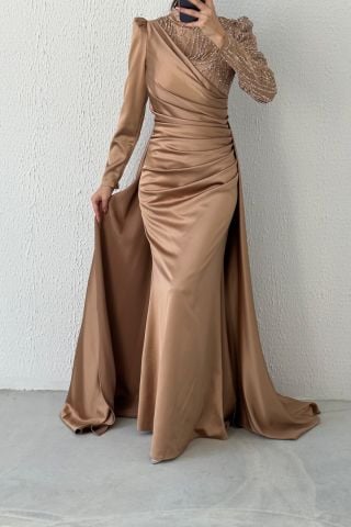 Belden Büzgülü Pelerin Model Saten Tesettür Abiye Bakır
