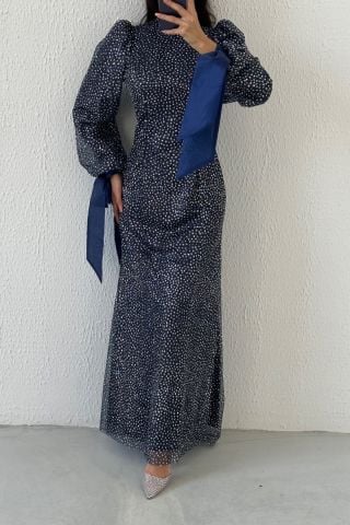 Stylish Design Navy Blue Hijab Evening Dress with Tied Sleeves