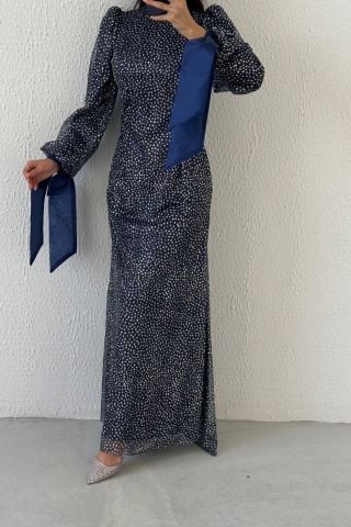 Stylish Design Navy Blue Hijab Evening Dress with Tied Sleeves