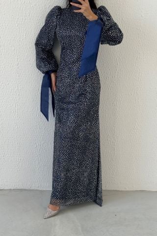 Stylish Design Navy Blue Hijab Evening Dress with Tied Sleeves