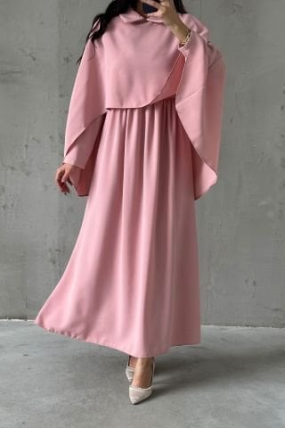 Krep Kumaş Pelerin Detaylı Tesettür Abiye Toz Pembe