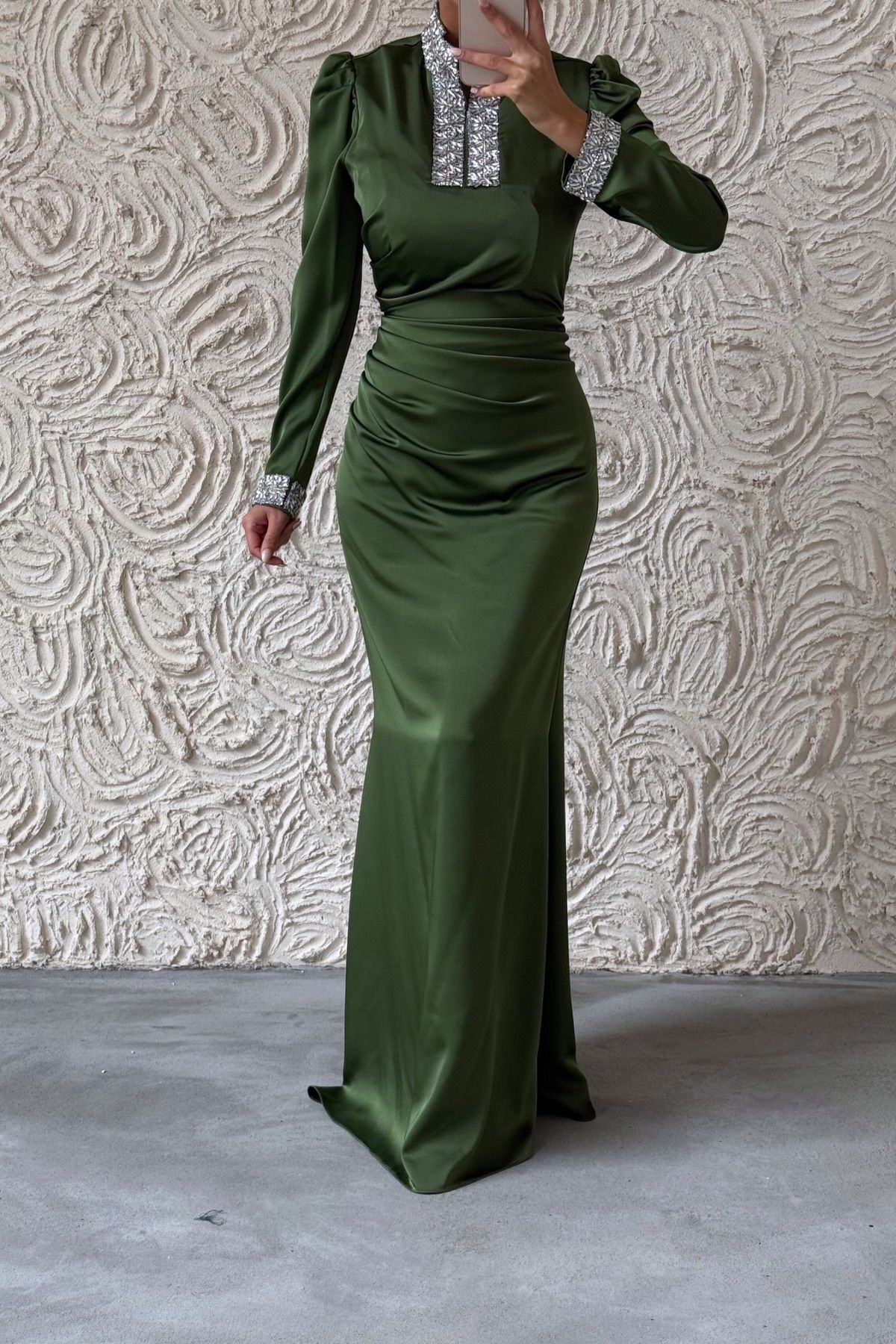 Jeweled Elegance: Satin Hijab Evening Dress Khaki with Sleeves and Stones on the Collar