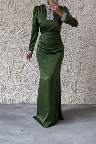 Jeweled Elegance: Satin Hijab Evening Dress Khaki with Sleeves and Stones on the Collar