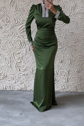 Jeweled Elegance: Satin Hijab Evening Dress Khaki with Sleeves and Stones on the Collar