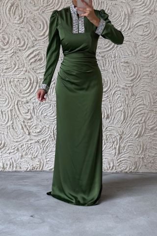 Jeweled Elegance: Satin Hijab Evening Dress Khaki with Sleeves and Stones on the Collar