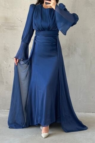 Drape Ve Pelerin Detaylı Janjan Tesettür Abiye Lacivert