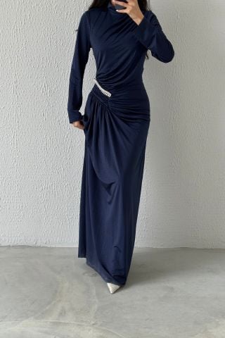 Waist Brooch Detailed Sendi Hijab Evening Dress Navy Blue