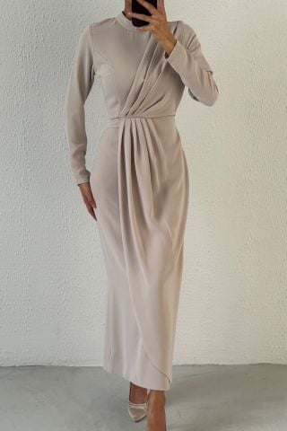 Pile Detaylı Krep Tesettür Abiye Taş