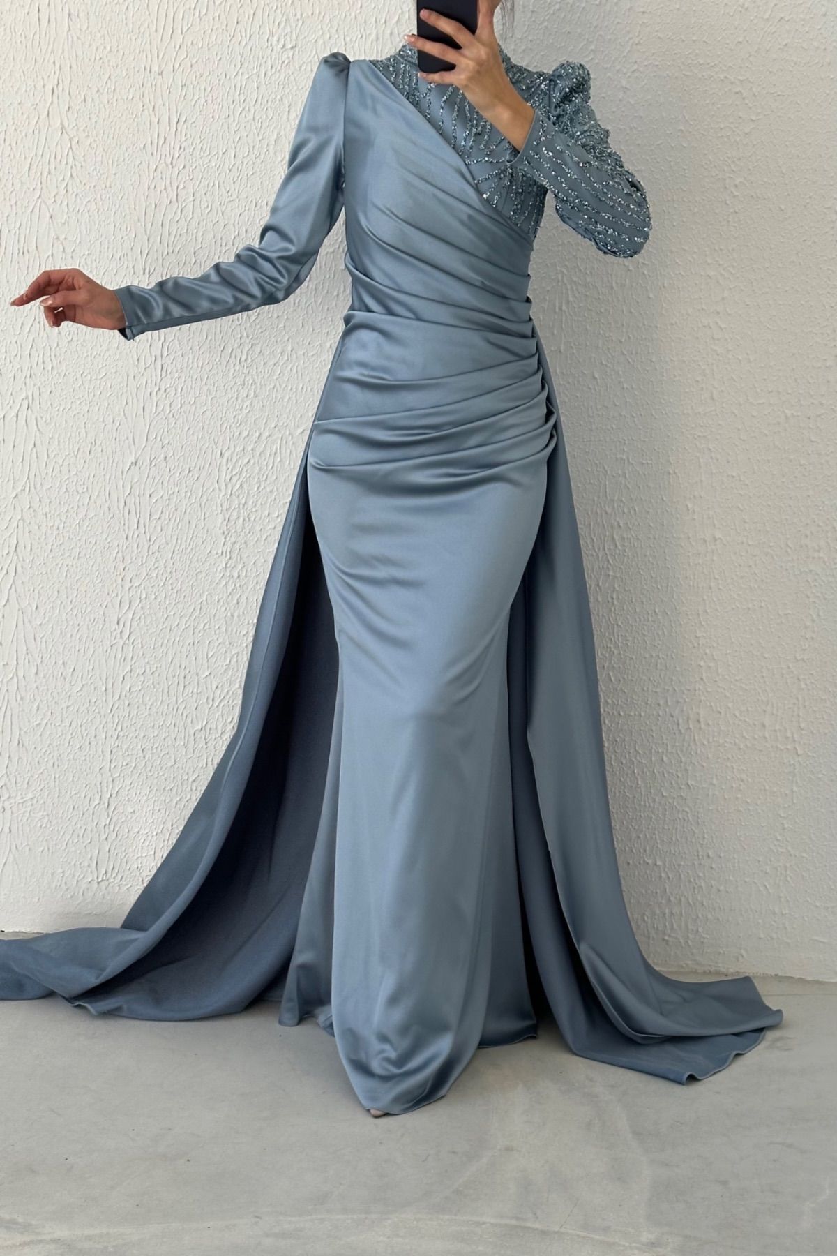 Belden Büzgülü Pelerin Model Saten Tesettür Abiye İndigo