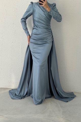 Belden Büzgülü Pelerin Model Saten Tesettür Abiye İndigo