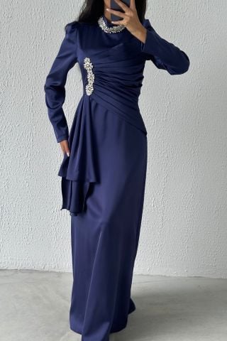 Unique Detailed Flowing Satin Fabric Hijab Navy Blue